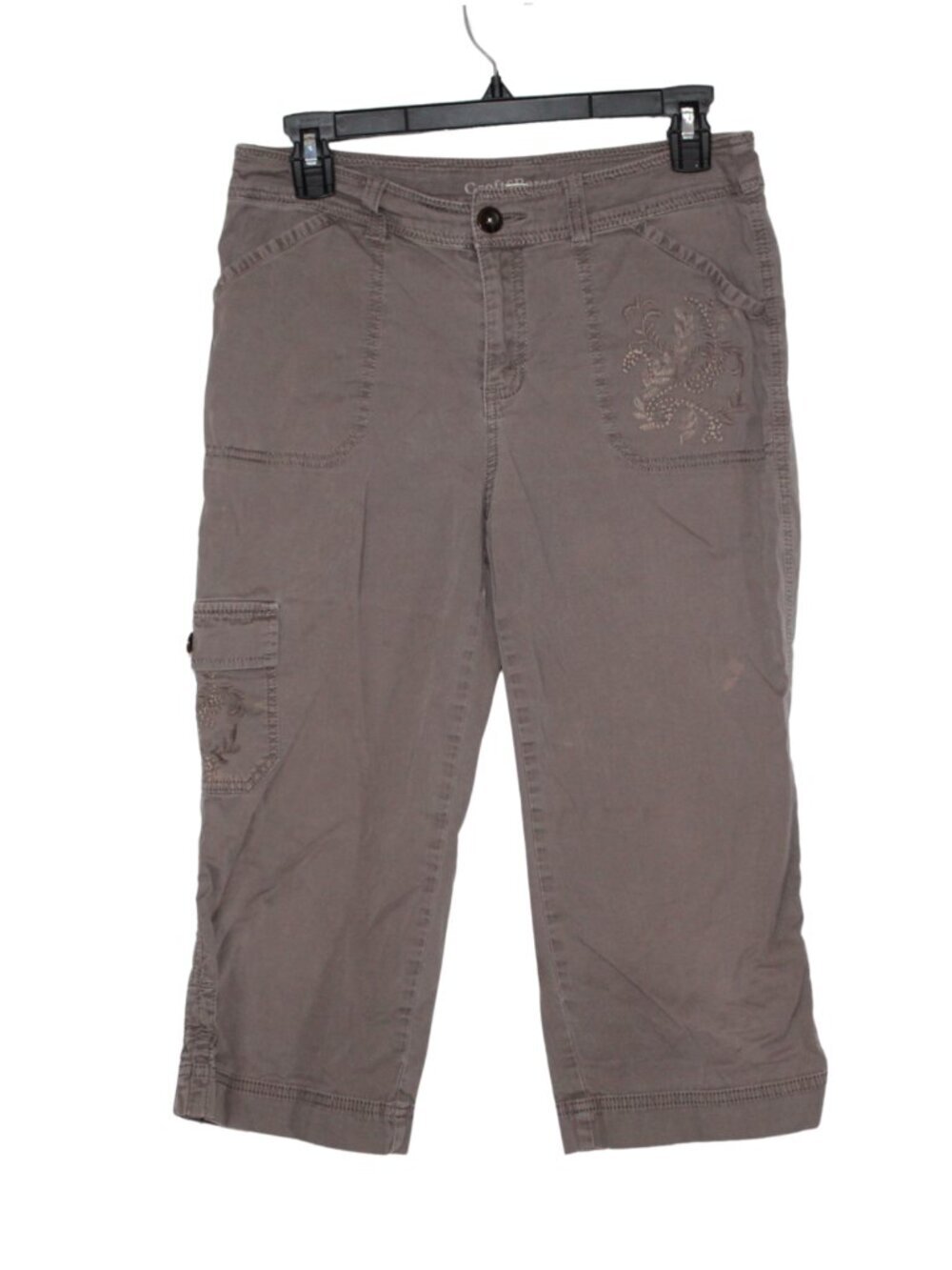 Y2K Croft & Barrow brown cargo capri pants floral embroidered stretchy relaxed